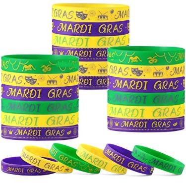 Imagem de Yaomiao 48 peças de pulseiras de silicone para lembrancinhas de festa da Mardi Gras, pulseiras elásticas de silicone para carnaval, artigos de decoração para festa de aniversário, sacos de brindes de brindes de lembrancinhas de brinde de carnaval, pulseiras de silicone