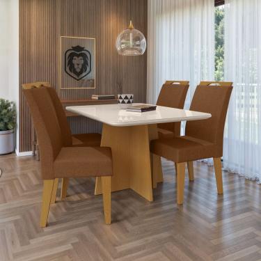 Imagem de Conjunto 120x77cm Tampo Mdf e Vidro com 4 Cadeiras Evora Marrom/Marrom/Off White