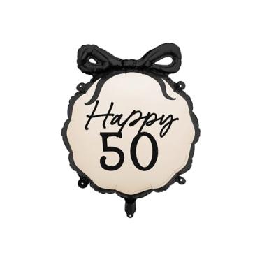 Imagem de PartyDeco Balão de feliz aniversário de 50 anos 18,5 x 17,5 polegadas bege decorações de aniversário para mulheres balão creme com laço preto decoração de festa de aniversário