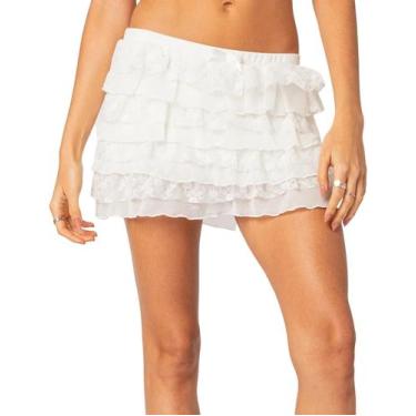 Imagem de Saia Yiulangde de renda branca, mini plissada fluida, com babados femi
