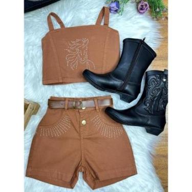 Imagem de Conjunto Infantil Blusa e Short Sarja Marrom Boiadeira Casual Menina-Feminino