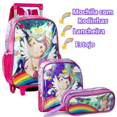 Imagem de  Kit Escolar Menina Unicórnio Mochila Rodinha  Lancheira  Estojo Feita