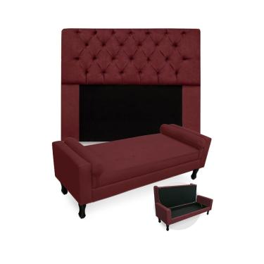 Imagem de Kit Cabeceira Estofada Mirage E Recamier Baú Fenix Queen 160 cm Suede Vermelho Bordo - LM DECOR