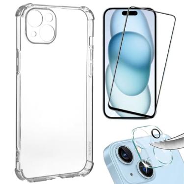 Imagem de Kit Capinha Capa Compatível com iPhone 13 14 15 16 16e + Película 3D Vidro Temperado + Película de Câmera (iPhone 15 Plus)