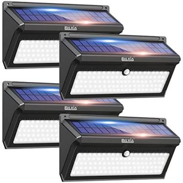 Imagem de Luzes solares BAXIA TECHNOLOGY para ambientes externos, sem fio, 100 LEDs, sensor de movimento solar, iluminação de parede de segurança à prova d'água para porta frontal, quintal, passos, garagem, jardim (2000 LM, 4 unidades)