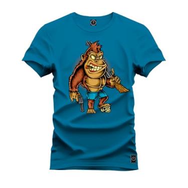 Imagem de Camiseta Premium 100% Algodão Estampada Shirt Unissex Macaco Carabina Azul GG