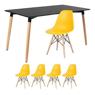 Imagem de Loft7, Kit - Mesa de jantar retangular Eames 80 x 140 cm preto + 4 cadeiras Eiffel Dsw Amarelo