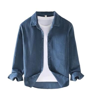Imagem de Camisa masculina de veludo cotelê primavera outono cor sólida gola virada para baixo camisa masculina manga longa algodão solto, Jeans azul, GG