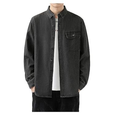 Imagem de Camisetas masculinas de manga comprida slim fit abotoadas cor sólida lapela bolso camiseta jeans macio confortável, Cinza, 4G