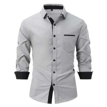 Imagem de Camisa casual masculina de manga comprida com cores contrastantes, abotoada, caimento justo, camisa social para negócios, Cinza, XG