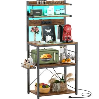 Imagem de Aheaplus Rack de padeiro com tomada elétrica, suporte para micro-ondas, estação de café de 5 camadas com luzes LED, prateleira de armazenamento de cozinha com 6 ganchos em forma de S, rack de cozinha