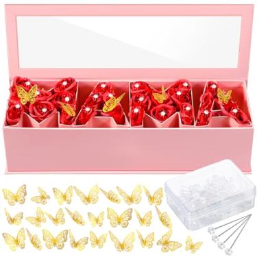 Imagem de Ireer Caixa de presente de flores vazias para Dia das Mães, caixa de papelão, em forma de letra, com forros de plástico, 50 alfinetes de buquê de cristal, 24 decorações de borboleta douradas para dia