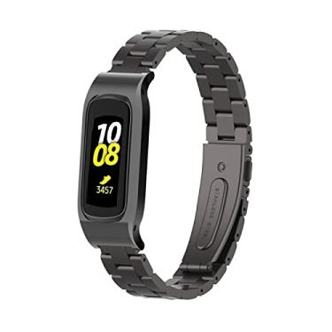 Imagem de Gheper Pulseira de relógio de metal compatível com Samsung Galaxy Fit2 SM-R220 de aço inoxidável, moldura protetora, design de pulseira de substituição para smartwatch 2 SM-R220, acessório (preto