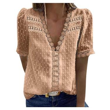 Imagem de Blusas femininas de verão 2024 com gola V e bolinhas suíças soltas com ilhós de renda casual de manga curta para mulheres camisas de trabalho, Bege, 3G