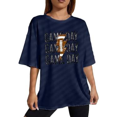 Imagem de Camisetas femininas para o dia do jogo, casual, de manga curta, solta, básica, gola redonda, leve e moderna, Azul marino, M