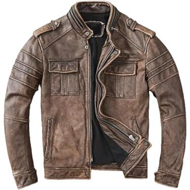 Imagem de Jaqueta masculina Cafe Racer - Jaqueta masculina de couro envelhecido - Jaqueta de couro marrom vintage - Jaqueta de motociclista de pele de cordeiro genuína, Marrom, M