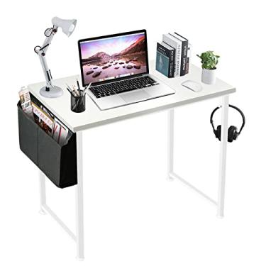 Imagem de Lufeiya Mesa branca pequena para quarto – mesa de estudo de estudante para escritório em casa, quarto, pequenos espaços, 81 cm, moderna, mini laptop, PC, mesa de computador, branca