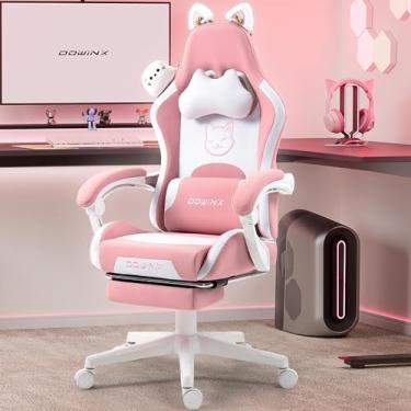 Imagem de Dowinx Cadeira de jogos fofa com orelhas de gato e suporte lombar de massagem, cadeira ergonômica de computador para meninas com apoio para os pés e encosto de cabeça, cadeira de jogo reclinável