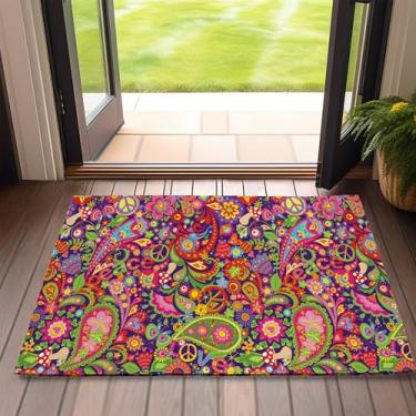 Imagem de Tapete de porta de boas-vindas com flores hippie boho, capacho de paz vívida para decoração de casa de entrada externa, tapete antiderrapante com tapete de entrada de feltro para pátio interno frontal