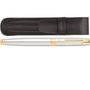 Imagem de Sheaffer Conjunto de caneta cromada 300 com acabamento dourado e bolsa de couro para presente (ponta média))