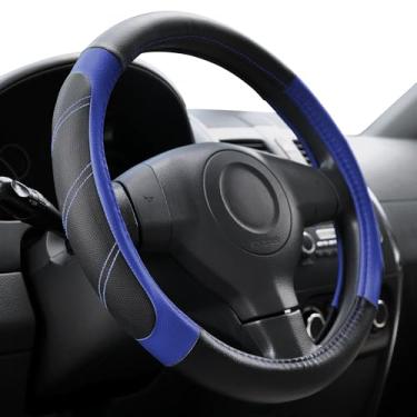Imagem de Elantrip Capa de volante de couro de 38,5 a 40,6 cm universal acolchoada macia e respirável para carro, caminhão, SUV, Jeep, antiderrapante, azul e preto