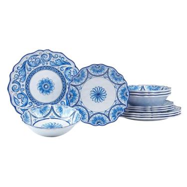 Imagem de Conjunto de louça de melamina para varanda, serviço para 4 pessoas – inclui pratos de jantar, pratos de salada e tigelas – azul e branco elegantes para uso diário, jantar interno/externo e