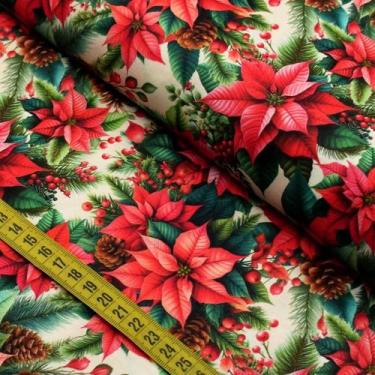 Imagem de Tecido Estampado para Patchwork - Natal : Poinsetia e Pinhas (0,50x1,5