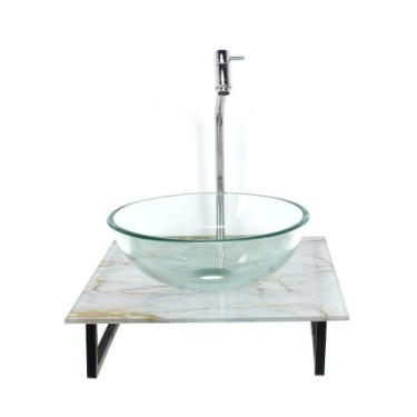 Imagem de Kit cuba de vidro redonda 10mm incolor com tampo de vidro 40cm x 40cm 