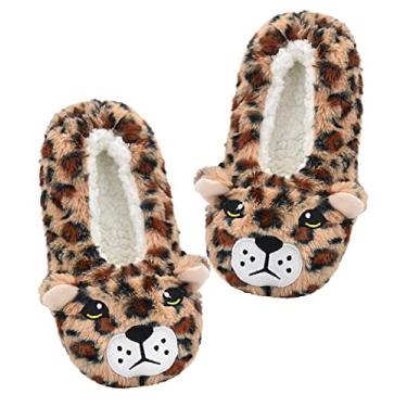 Imagem de Panda Bros Meias femininas grossas e quentes de animais com garras antiderrapantes na parte inferior, sapatos de casa de personagem, chinelos inovadores para mulheres, Tigre leopardo, 8-10