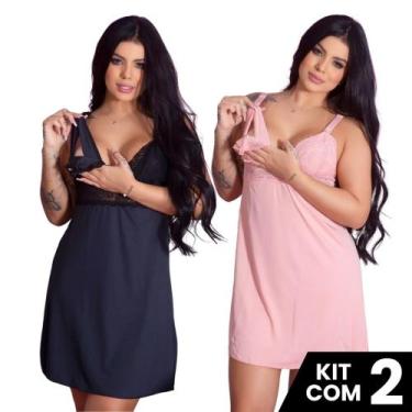 Imagem de Kit 2 Camisolas Amamentação Curta Gestante Com Fecho Pós Parto Saída M