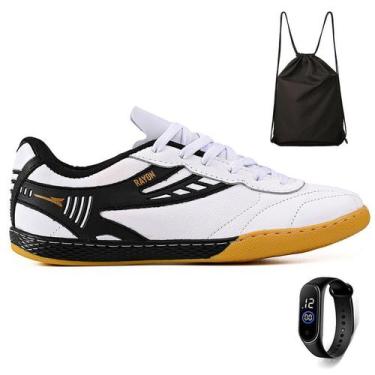 Imagem de Kit Chuteira Futsal Couro Futebol Salao Quadra + Mochila + Relogio Adu