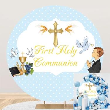 Imagem de Leyiyi 2 x 2 m First Holy Communion Pano de fundo redondo Mi Primera Comunion Blue Circle Pano de fundo Mi Bautizo Gentleman Boy Batismo Party Pano de fundo para fotografia God Bless Christening