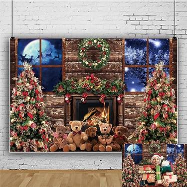 Imagem de 2,4 x 1,8 m Pano de fundo de fotografia de lareira de Natal decorações de festa tema de Natal banner árvores de Natal interior janela imagem cena foto fundo adereços de cabine de fotos