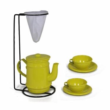 Imagem de Kit Bule Com Suporte Para Coador + Mini Xícaras  - Amarelo - Alumínios