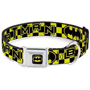 Imagem de Buckle-Down Coleira para cães com fivela de cinto de segurança – Batman/logotipo xadrez amarelo/preto – 3,8 cm de largura – serve para pescoço de 45,7 a 81,2 cm – Grande