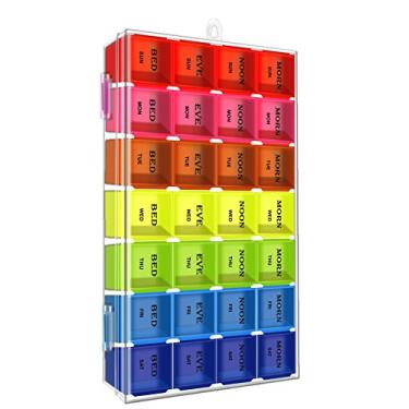 Imagem de Caixa organizadora de comprimidos para 7 dias, caixa semanal de medicamentos, diariamente, manhã, meio-dia, noite, compartimentos de reserva, dispensador destacável (28 compartimentos)