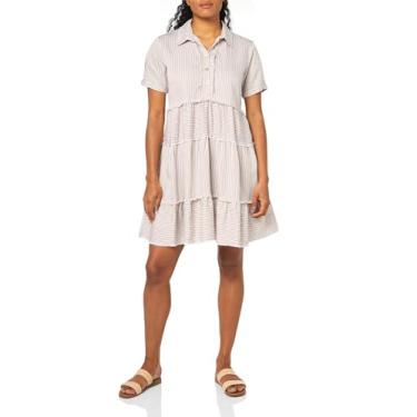 Imagem de MULTIPLES Vestido feminino de manga curta e bainha com franjas em camadas triplas, Pedra, P