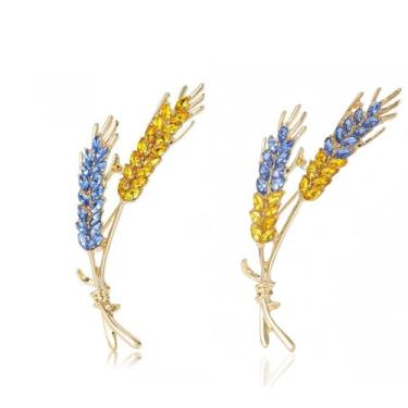 Imagem de Broche de trigo azul amarelo strass planta e flor terno lapela pinos para mulheres homens joias presente, 2.6*0.43*1.0in, Metal, Strass