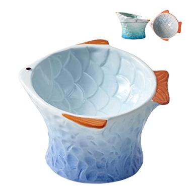 Imagem de Tigela de comida de cerâmica inclinada para gatos - Prato de gato inclinado e inclinado para gatos em forma de peixe fofo - Alimentador personalizado para gatos secos e úmidos - Bigode ergonômico