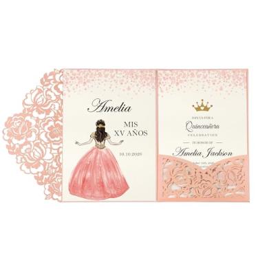 Imagem de DORIS HOME 50 peças de bolsos de convite de quinze anos cortados a laser com envelopes rosa, 13 cm x 18 cm cartões de convite para aniversárioMiss 15, Sweet 16 (inserções não incluídas)