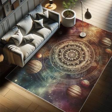Imagem de Ambesonne Tapete decorativo de galáxia, arte sonhadora do espaço sideral estrelado com planetas com mandala oriental, tapete de qualidade para quarto, dormitório e sala de estar, 60 cm x 13 cm, rosa
