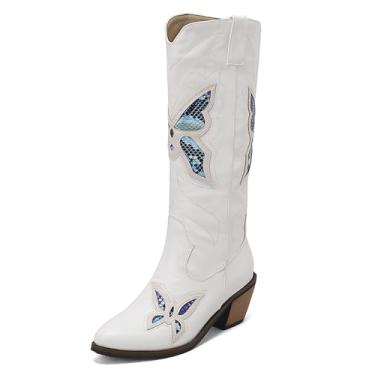 Imagem de Rock88 Botas femininas caubói, botas altas com bordado colorido e salto baixo, bico fino, botas longas para sair, branca, 40