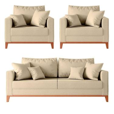 Imagem de Kit Sofá 2 Lugares E 2 Poltronas Beny Com Base De Madeira Linho Areia