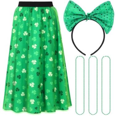 Imagem de Jeere 5 peças de saias de dia de São Patrício com faixa de cabeça de trevo e colar de contas, saia longa de malha de tule de trevo (G)