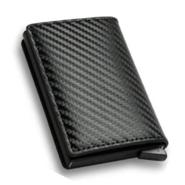 Imagem de Carteira antifurto slim fibra de carbono Com Bloqueador de Aproximação(sistema RFID) Porta Cartões com ejetor Automático por Botão