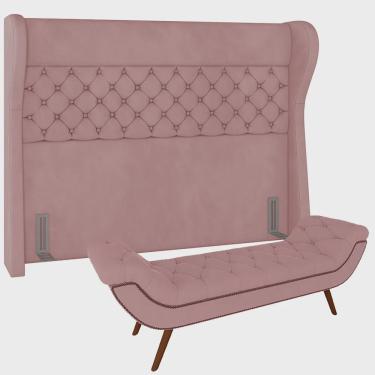 Imagem de Kit Cabeceira Cama Box Casal 160 cm Madrid com Puff Recamier Santorini Veludo Rosê - Lyam Decor