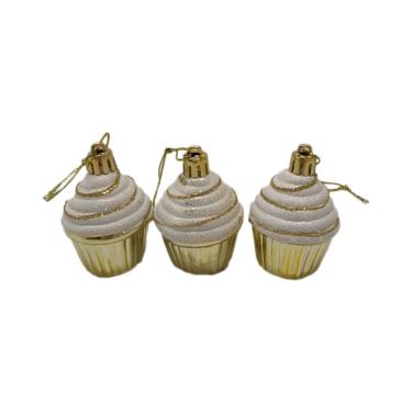 Imagem de Enfeite de Árvore Conjunto 3 peças Cupcake Decoração Natal 6CM Dourado - Festive