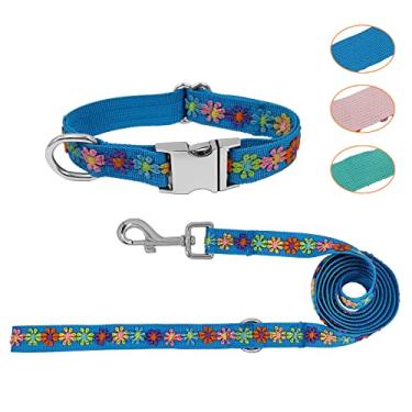 Imagem de GINIDEAR Conjunto de coleira e guia para cães meninas com flores de renda bordadas fofas para caminhadas diárias ao ar livre, ajustável para cães pequenos médios e grandes. Azul, P