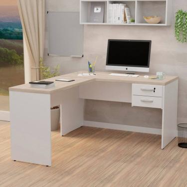 Imagem de Mesa de Escritório em L 120x150cm com Gaveta Tampo 3cm Carvalho / Branco