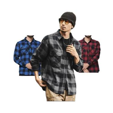 Imagem de Kit 3 Camisetas Masculina Xadrez Flanelada Manga Longa Com Bolsos  - C
